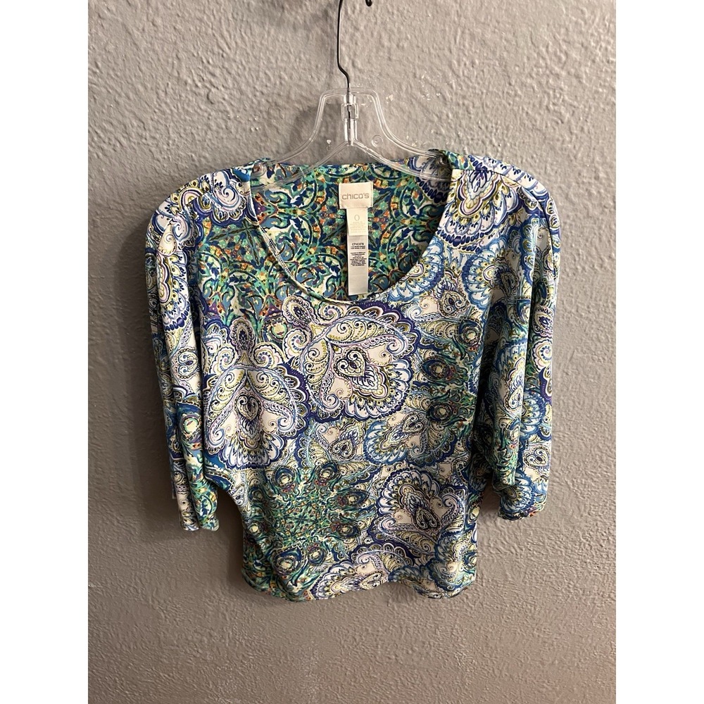 Chico's Size 0 White Paisley 3/4 Sleeve Shirt  Women